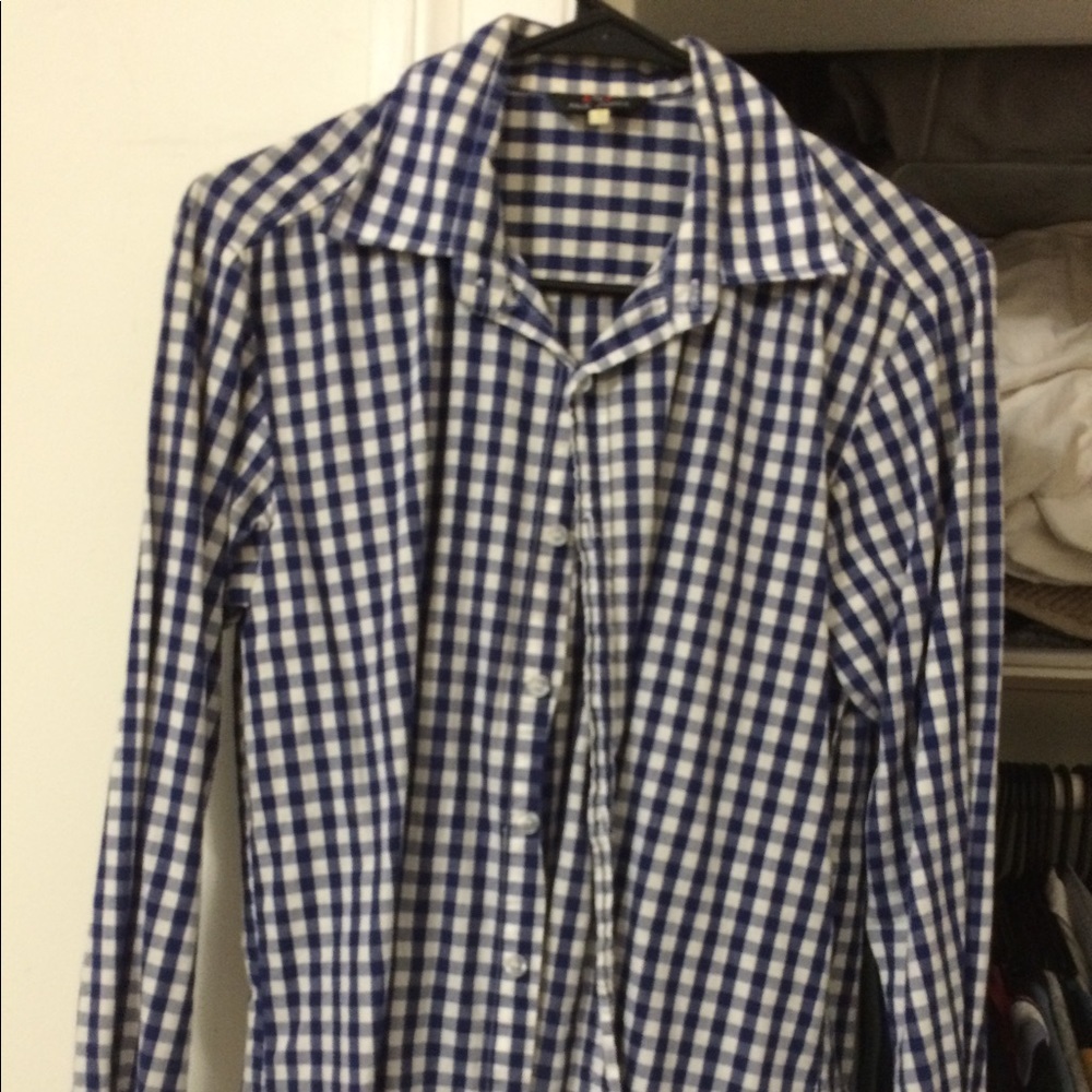 Blue and white check long sleeve button down men